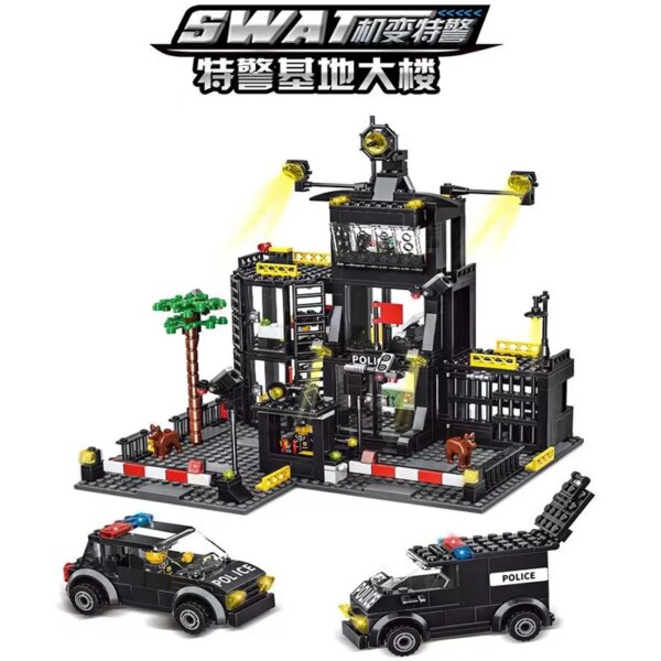 SWAT Police Station Military City Model Set: Includes Prison Car, Policeman Boat, Figures, Building Blocks. Great for Kids
