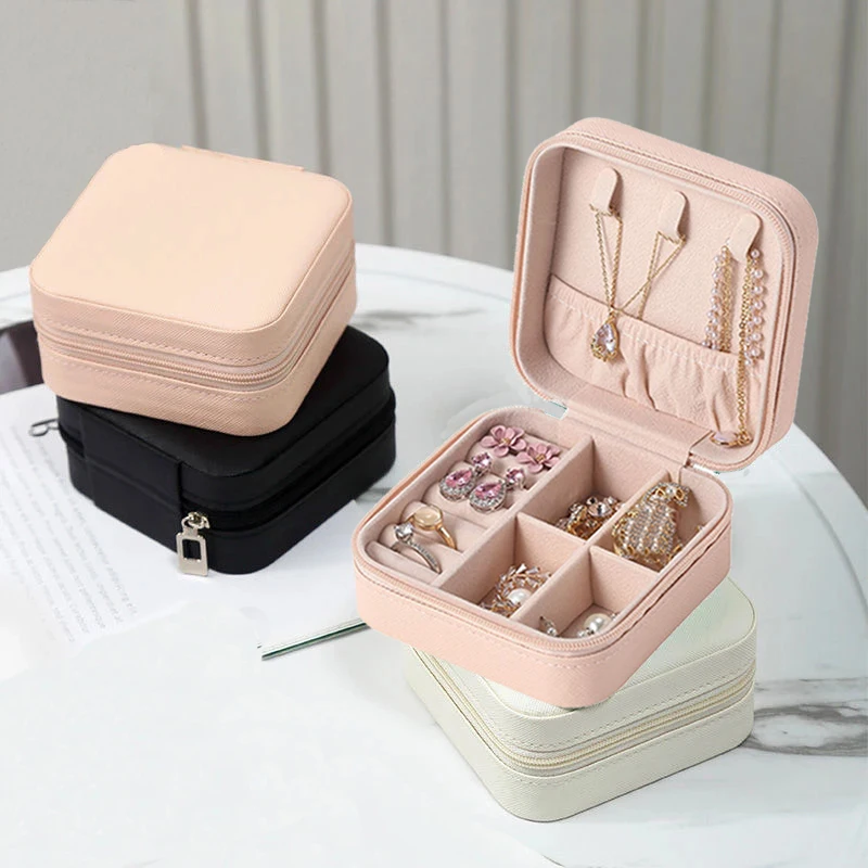 Portable Jewelry Box: Button Leather Storage Zipper Travel Jewelry Organizer Display Case