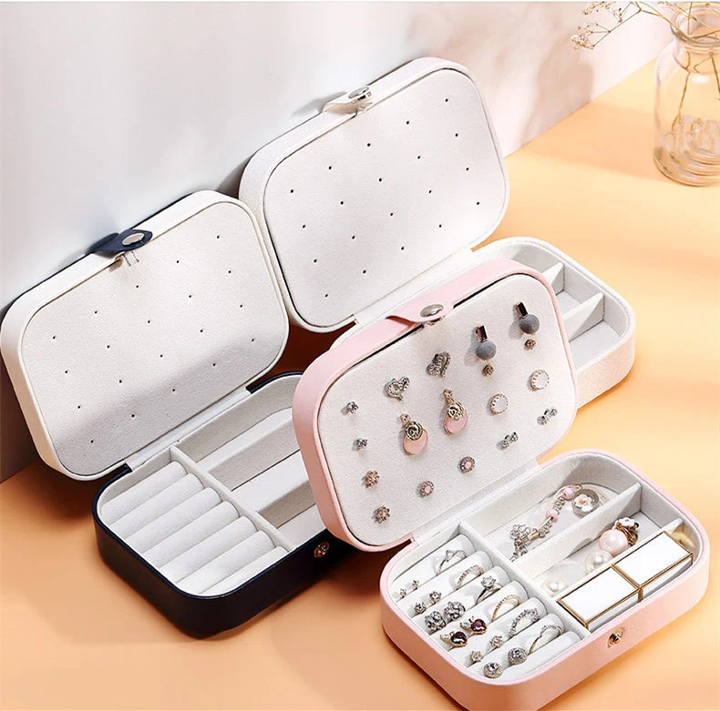 Portable Jewelry Box: Button Leather Storage Zipper Travel Jewelry Organizer Display Case