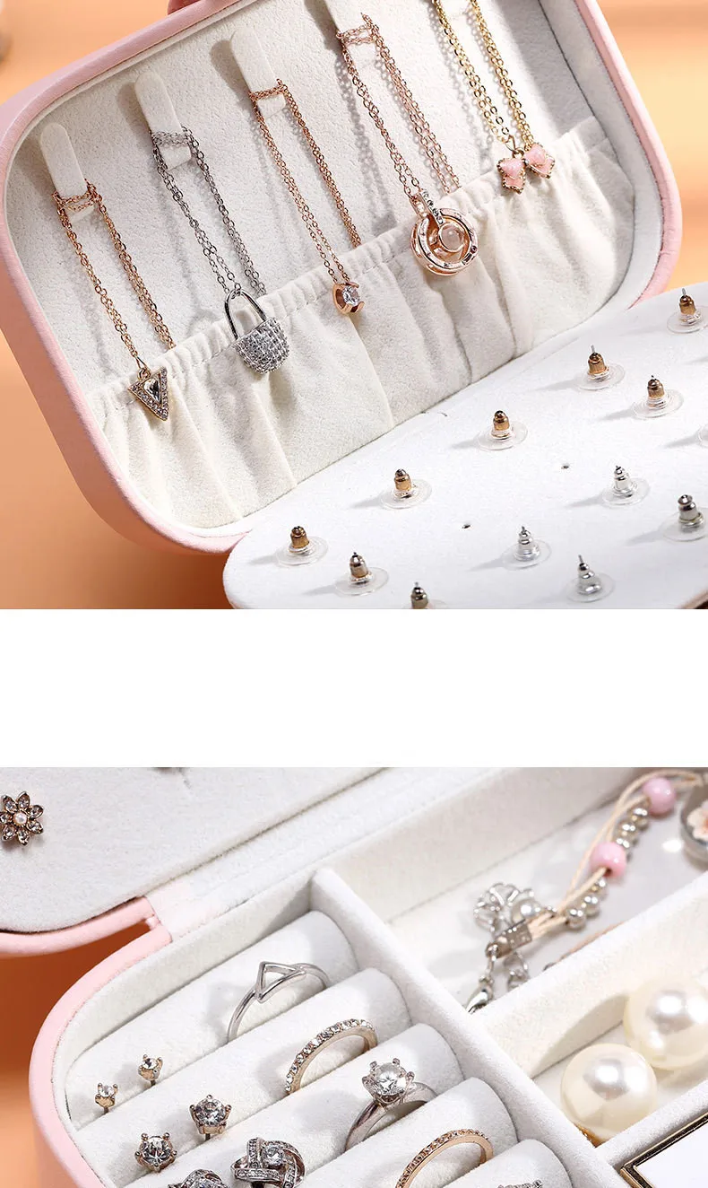 Portable Jewelry Box: Button Leather Storage Zipper Travel Jewelry Organizer Display Case