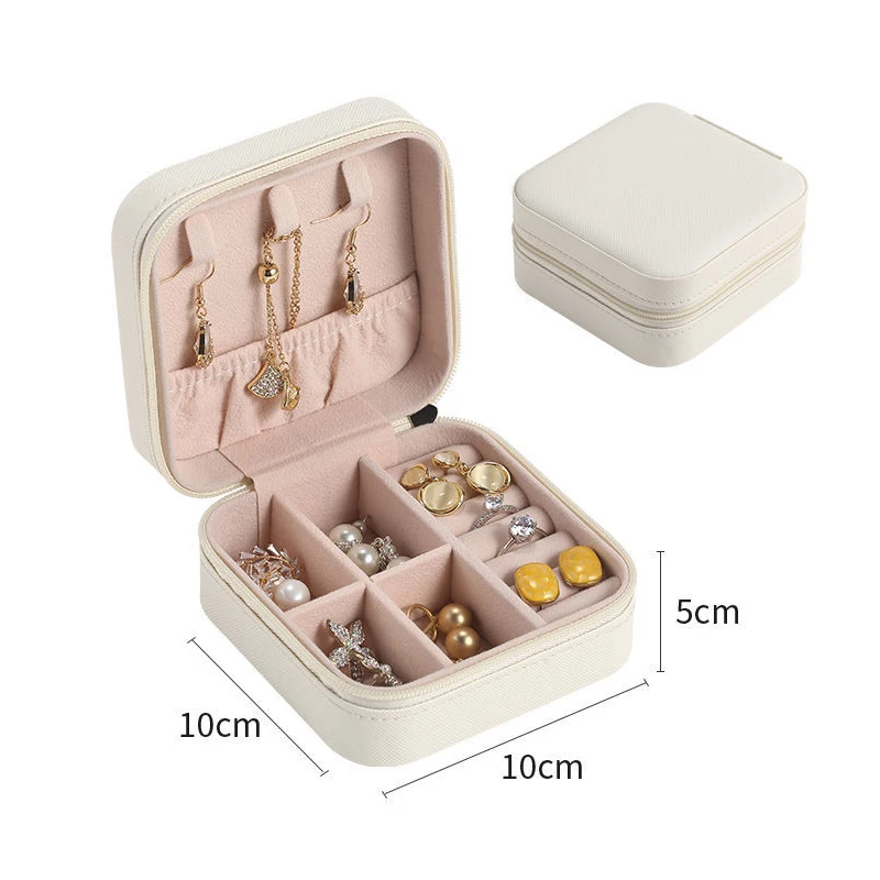 Portable Jewelry Box: Button Leather Storage Zipper Travel Jewelry Organizer Display Case