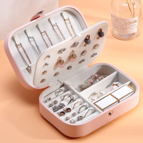 Portable Jewelry Box: Button Leather Storage Zipper Travel Jewelry Organizer Display Case