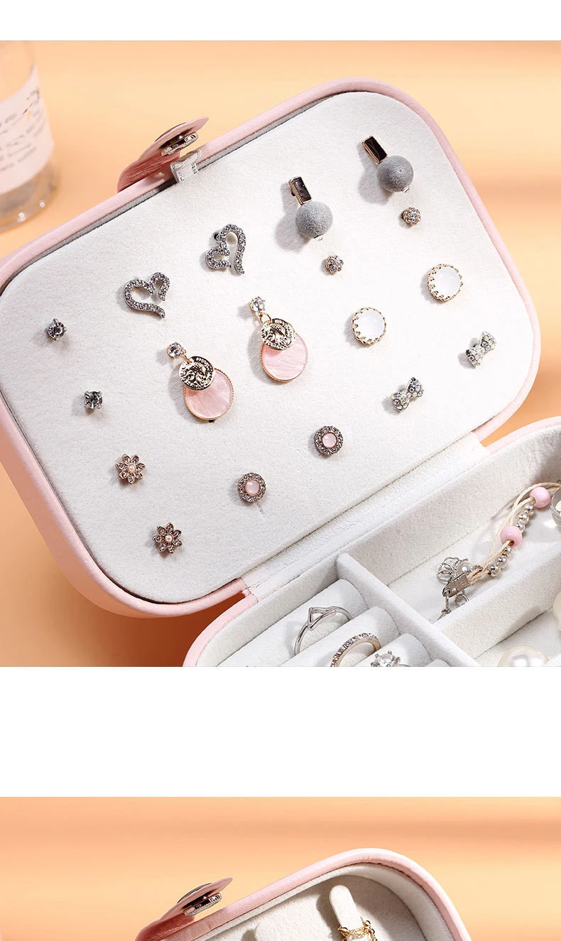 Portable Jewelry Box: Button Leather Storage Zipper Travel Jewelry Organizer Display Case