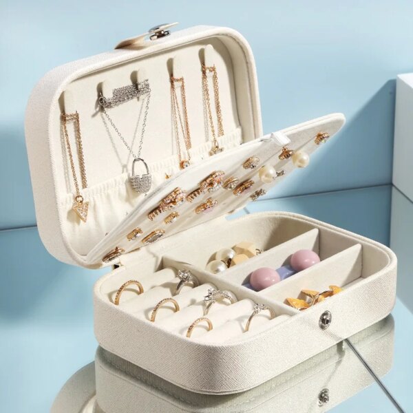 Portable Jewelry Box: Button Leather Storage Zipper Travel Jewelry Organizer Display Case