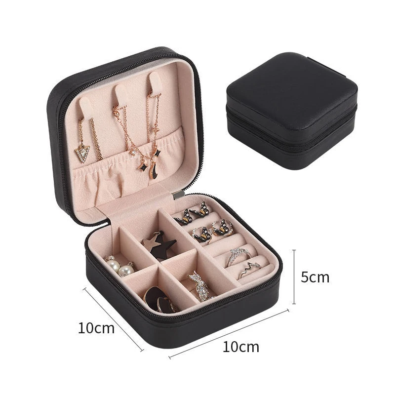 Portable Jewelry Box: Button Leather Storage Zipper Travel Jewelry Organizer Display Case