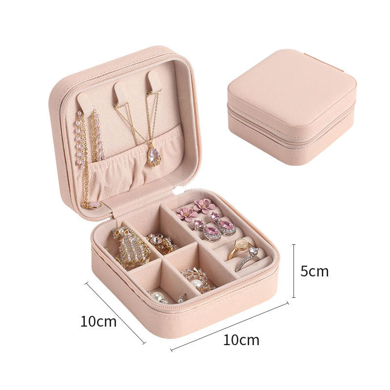 Portable Jewelry Box: Button Leather Storage Zipper Travel Jewelry Organizer Display Case