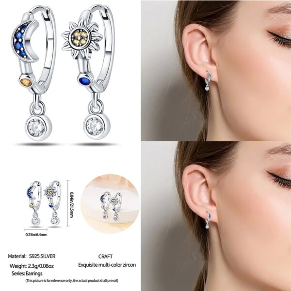 Women Original Charm Moon and Stars Sterling Silver Earrings