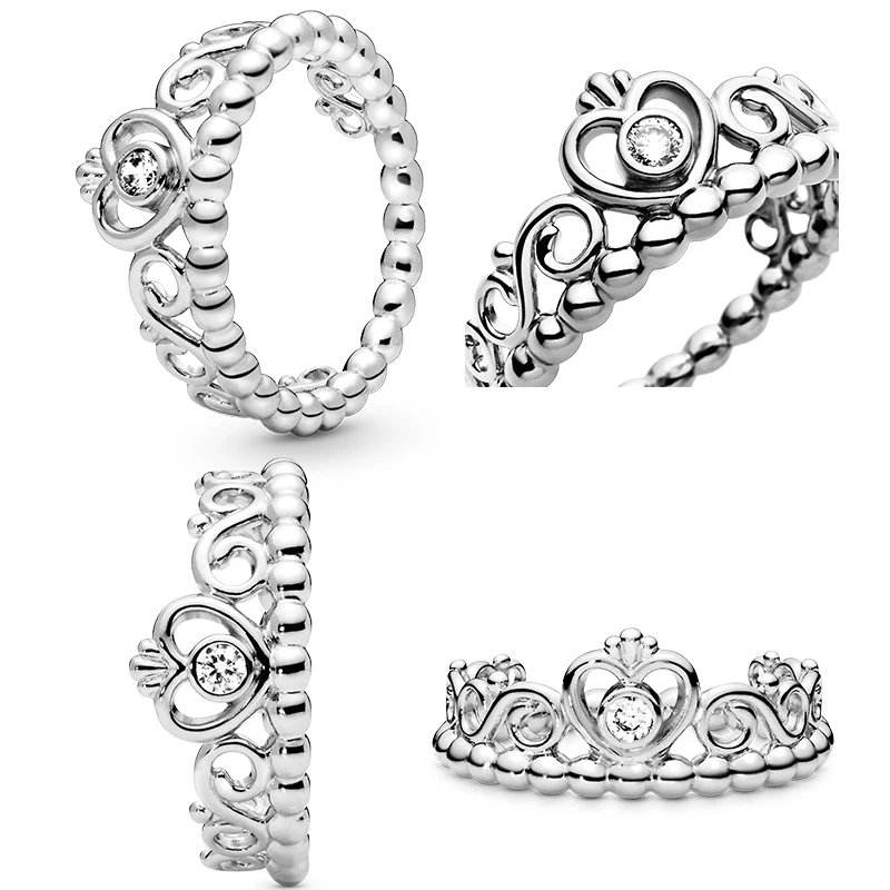 Authentic Princess Tiara Crown Ring: Sparkling Love Heart, 925 Silver