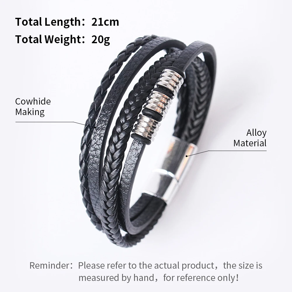 Stainless Steel Leather Bracelets: 21CM Multilayer