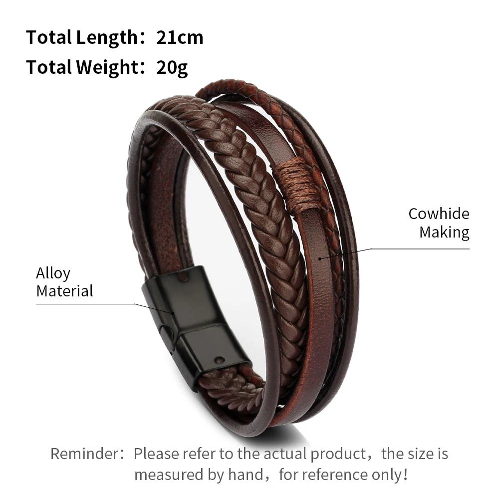 Stainless Steel Leather Bracelets: 21CM Multilayer