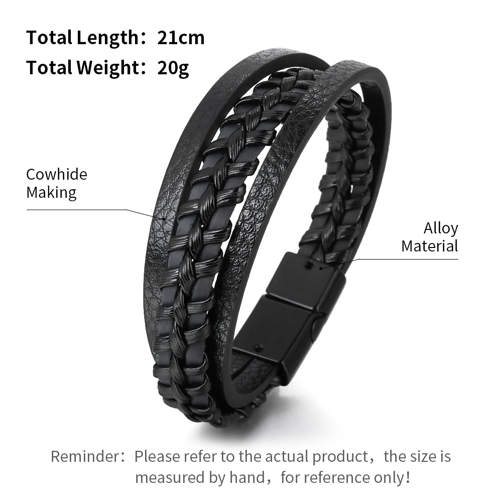 Stainless Steel Leather Bracelets: 21CM Multilayer