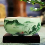 Traditional 80ml Celadon Teacup Ceramic (Hand-painted Landscape) - Lotus, Bamboo, Carp
