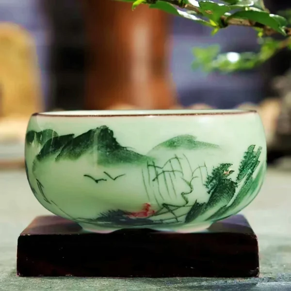 Traditional-Celadon-Hand-painted-Landscape-Teacup-Ceramic-Lotus-Bamboo-Carp-Tea-Set-Double-fish-Chinese-Tea.jpg_ (1) Traditional 80ml Celadon Teacup Ceramic (Hand-painted Landscape) - Lotus, Bamboo, Carp