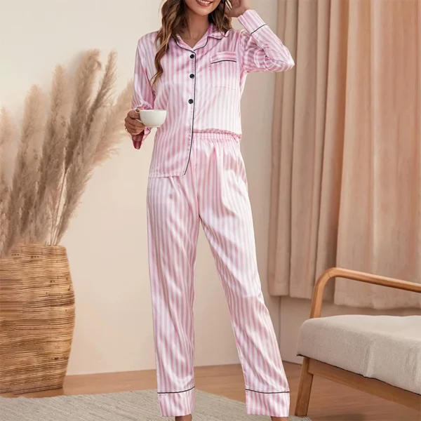 6 New Autumn Pajamas Set Women Satin Silk Sleepwear Long Sleeved