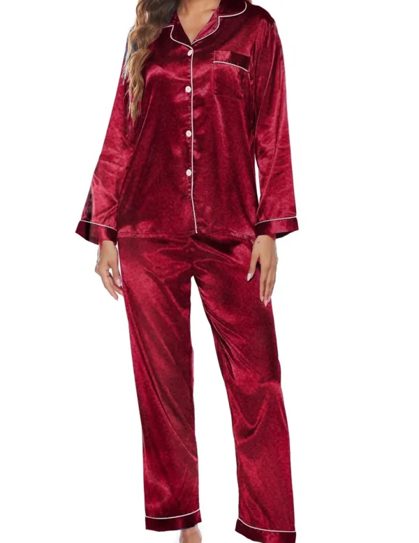 6 2Pcs/Set Women's Fashion Pajamas Cardigan Ice Silk Long Sleeve Buttons Homewear Ladies Casual Shirt Sleepwear