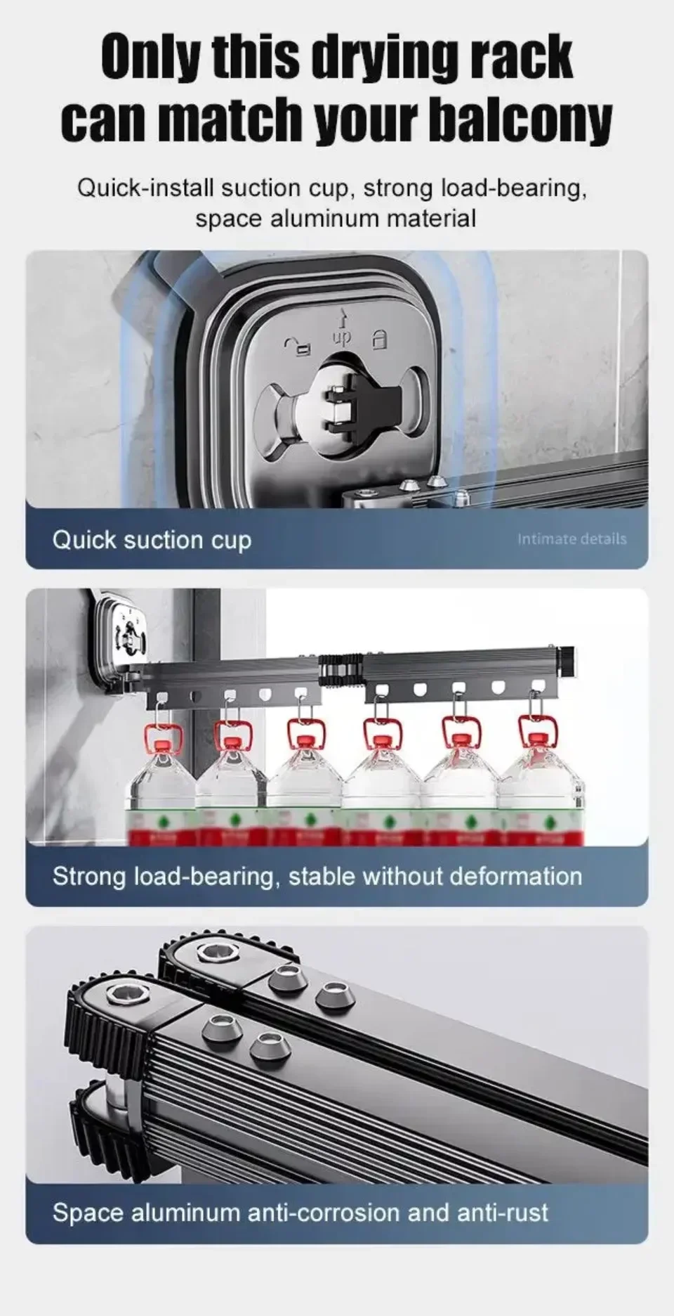 Windproof Wall-Mounted Drying Rack Retractable No-Hole Aluminum Alloy Material